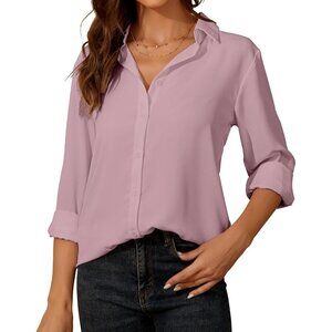 🆕 Women Pink Long Sleeve Collared Tops Lady Work Office Soft Button Down Shirts